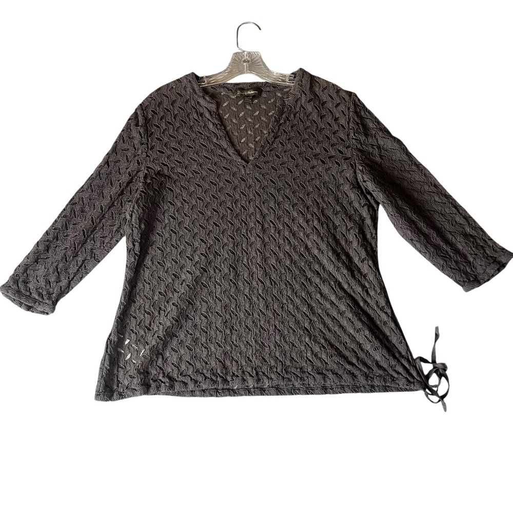 Tommy Bahama Top XL Gray Lace Up Detail V Neck 3/4 Sleeve Blouse Cover Up (3034)